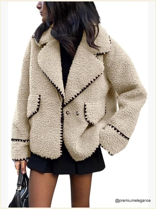Jackets & Blazers - Fuzzy Fleece Embroidered Jacket Notch Lapel Winter Faux Fur Sherpa Coat